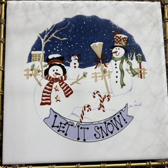 Christmas Basket Gold Wire Square With Center Tile Snowmen Let It Snow Holiday‎ - Picture 2 of 10